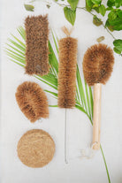 Eco-friendly coconut fibre cleaning brush set with wooden handles, ideal for sustainable home and kitchen use.