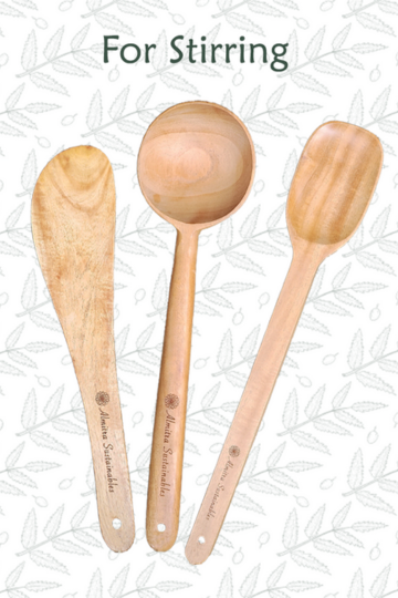 Handcrafted neem wood stirring spoons by Almitra Sustainables including wooden ladle and spatula designed for mixing and stirring food, eco-friendly plastic-free kitchen tools made from natural antibacterial neem wood.