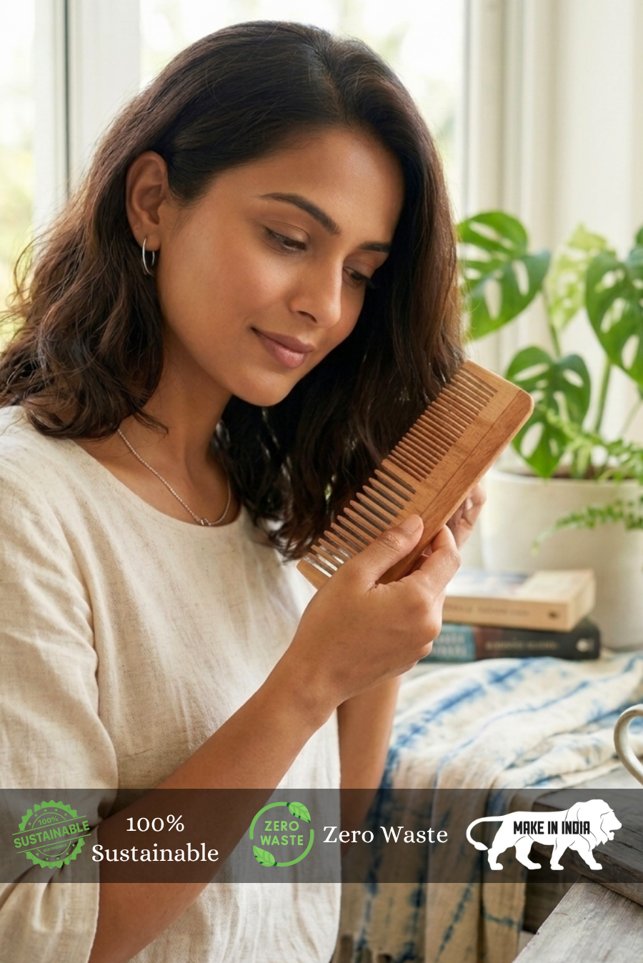 Woman holding a wooden comb with sustainability and zero waste labels in the background.