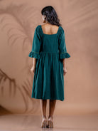 Back view  of teal green women's kala cotton summer dress showing gathered flare and 3/4 sleeves