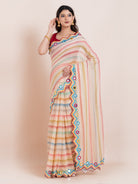 Lightweight peach mulmul cotton saree with mirror embroidery and multicolored stripes. Perfect for summer wear, festive looks, and effortless elegance.