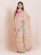 Lightweight peach mulmul cotton saree with mirror embroidery and multicolored stripes. Perfect for summer wear, festive looks, and effortless elegance.
