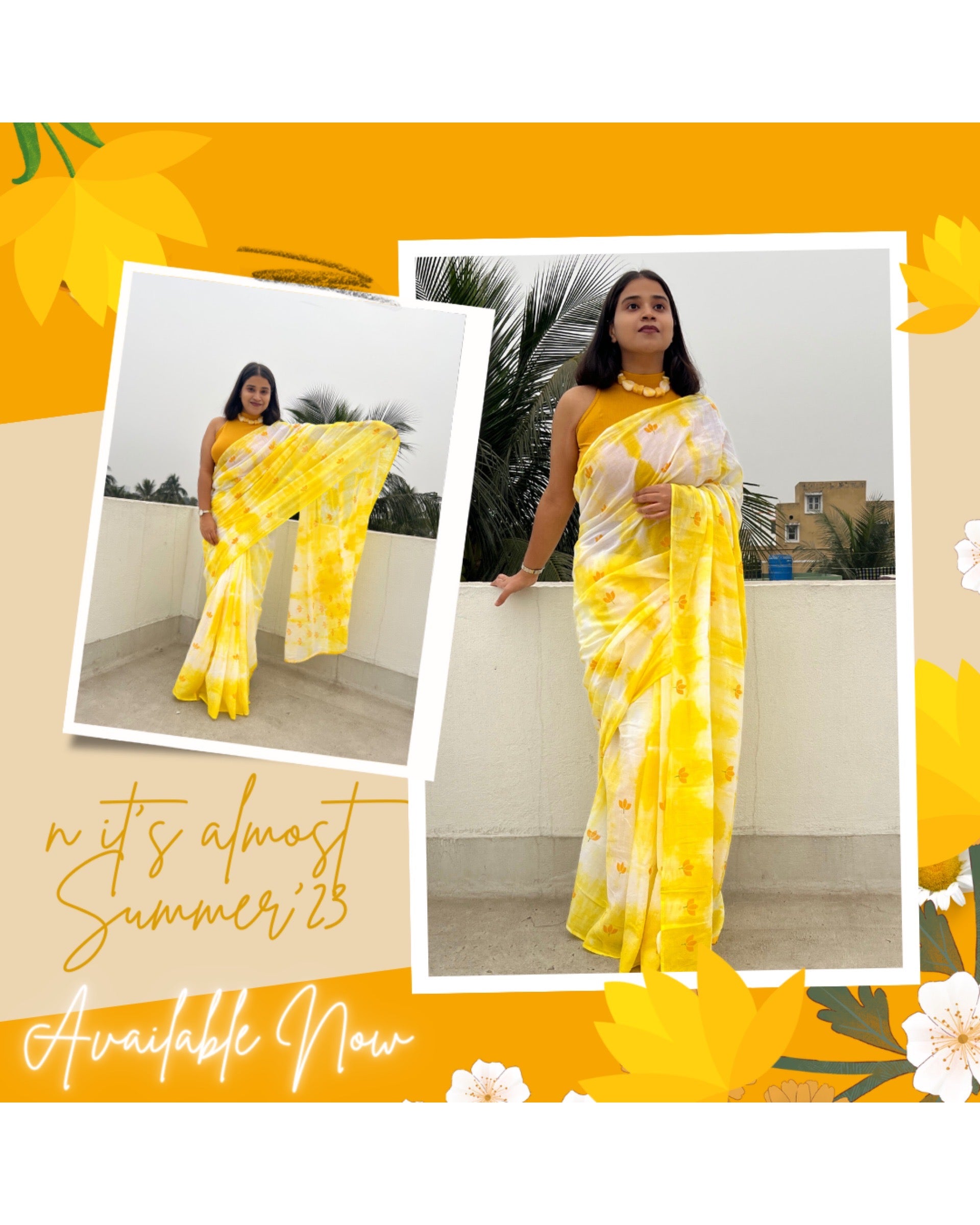 Lemon Yellow Peel Kaliyan  Mulmul cotton Summer Saree - New Collection