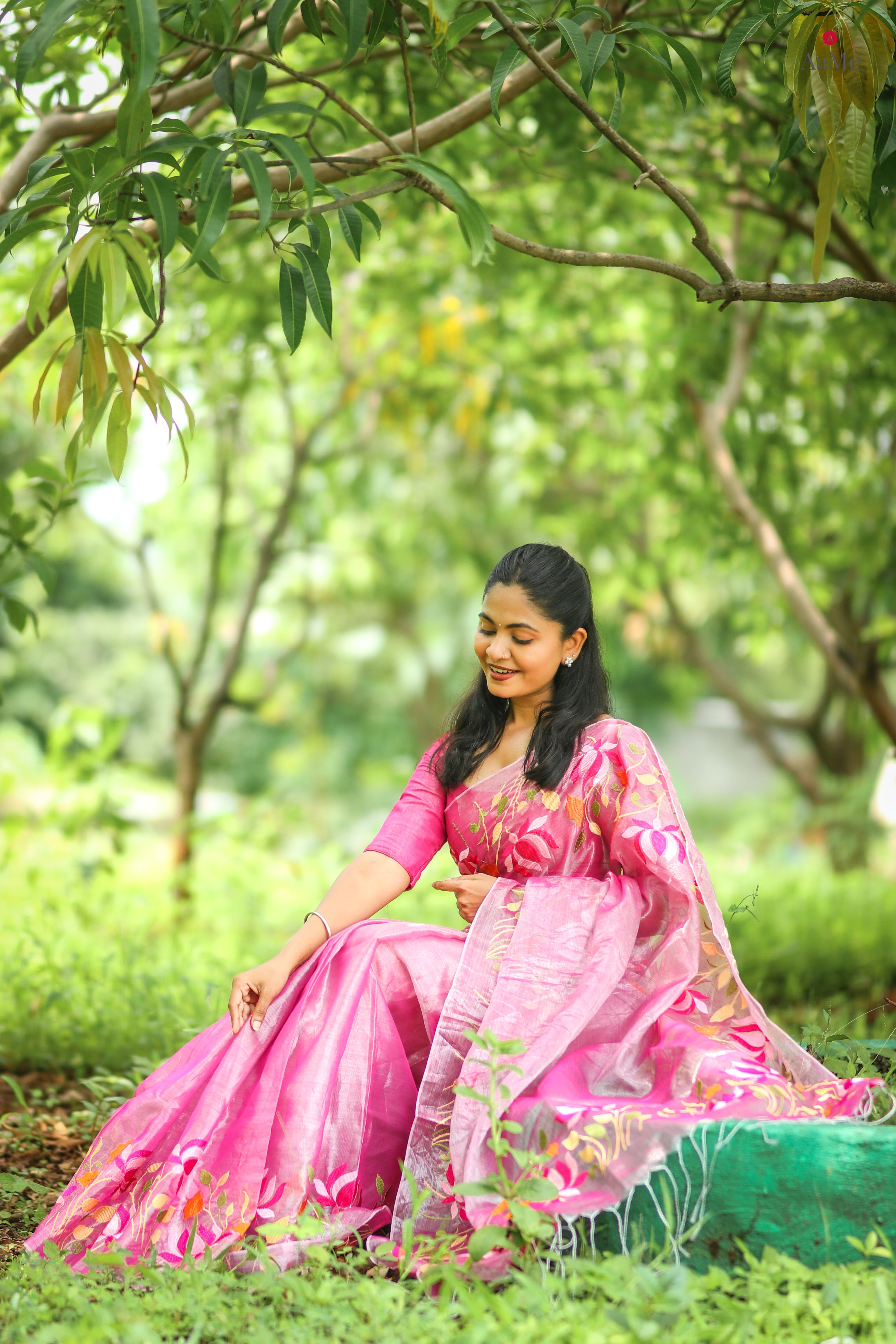Silver Pink viral  tissue saree with floral embroidery orange and pink