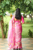 Silver Pink viral  tissue saree with floral embroidery orange and pink