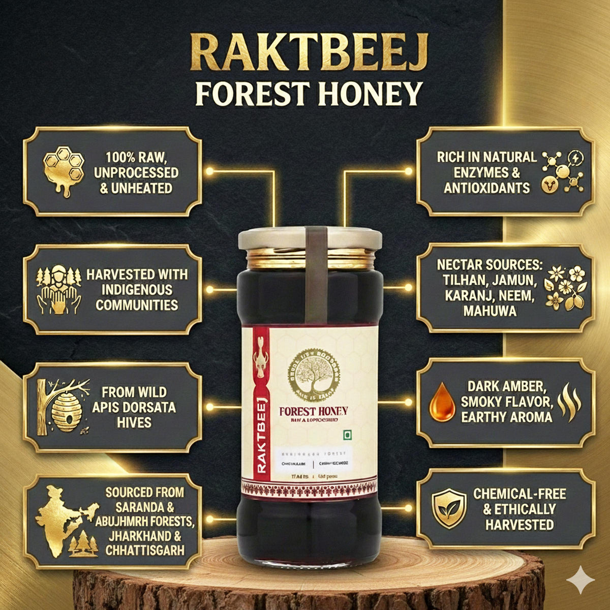Luxury Raktbeej forest honey showcasing unprocessed wild honey rich in antioxidants and medicinal floral nectar