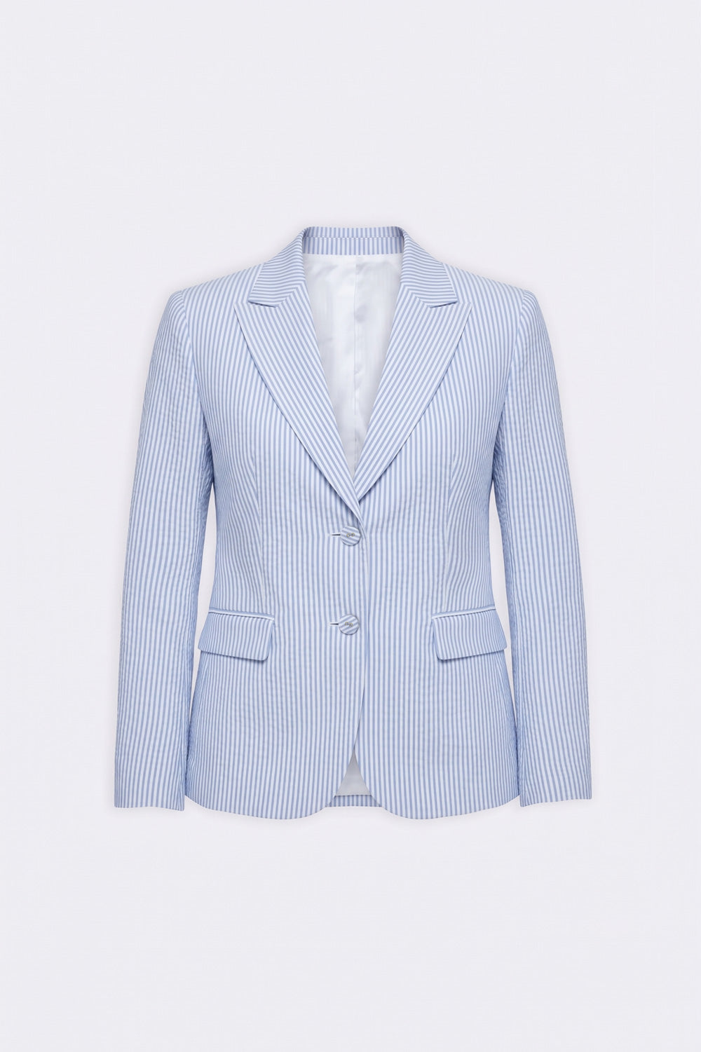 A light blue and white pinstriped linen blazer with notch lapels, two front buttons, and flap pockets, displayed on a clean white background.