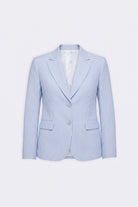A light blue and white pinstriped linen blazer with notch lapels, two front buttons, and flap pockets, displayed on a clean white background.