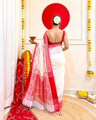 Laal Sada Durga Pujo Saree, Lal Paar Sada , Jamdani cotton saree, Red, White