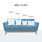 Size guide for pillows on a blue sofa with dimensions indicated.