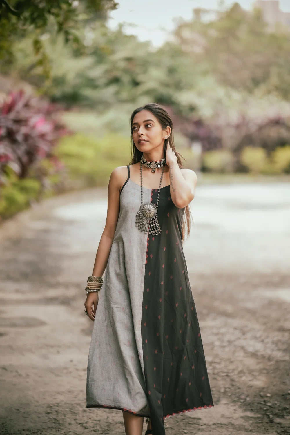 Charcoal Black and Grey Cotton Dress-Sutra Art of Clothing
