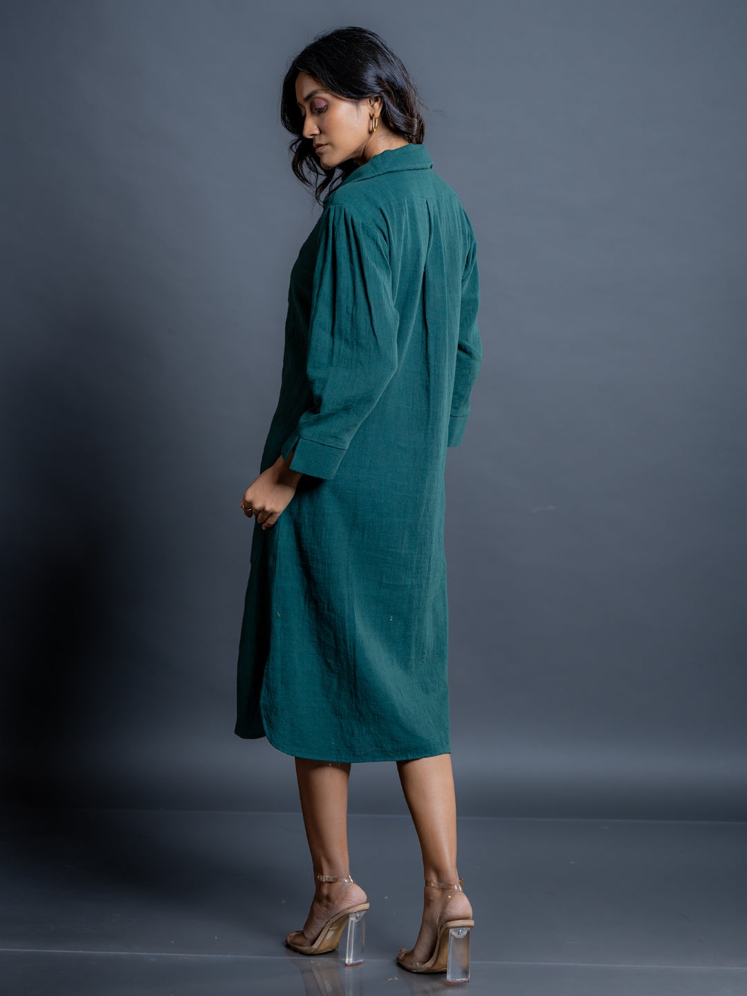Teal green kala cotton long shirt dress for women- back view