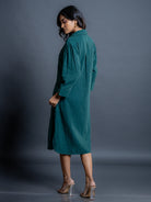 Teal green kala cotton long shirt dress for women- back view