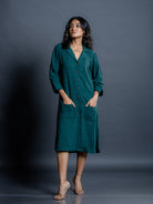 Teal green kala cotton long shirt dress for women with lapel collar and patch pockets and A-line silhouettes - front view