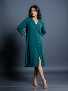 Handwoven teal green long shirt dress for women with front slit and fit detail - side view