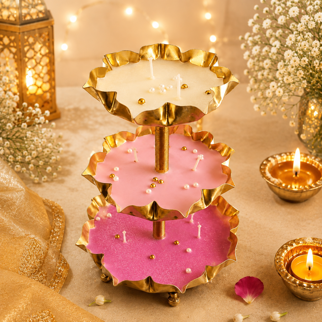 Triple Radiance 3-Tier Urli Candle | Pearl Detail Festive Candle - https://artecasa.in/