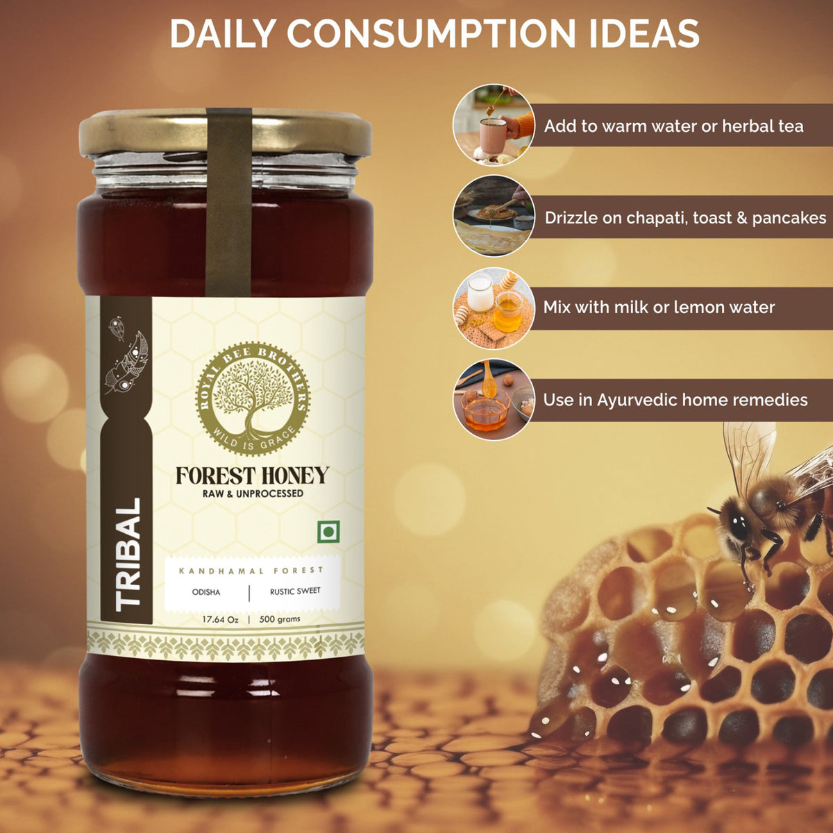 Jar of Forest Honey with usage instructions on a honeycomb background