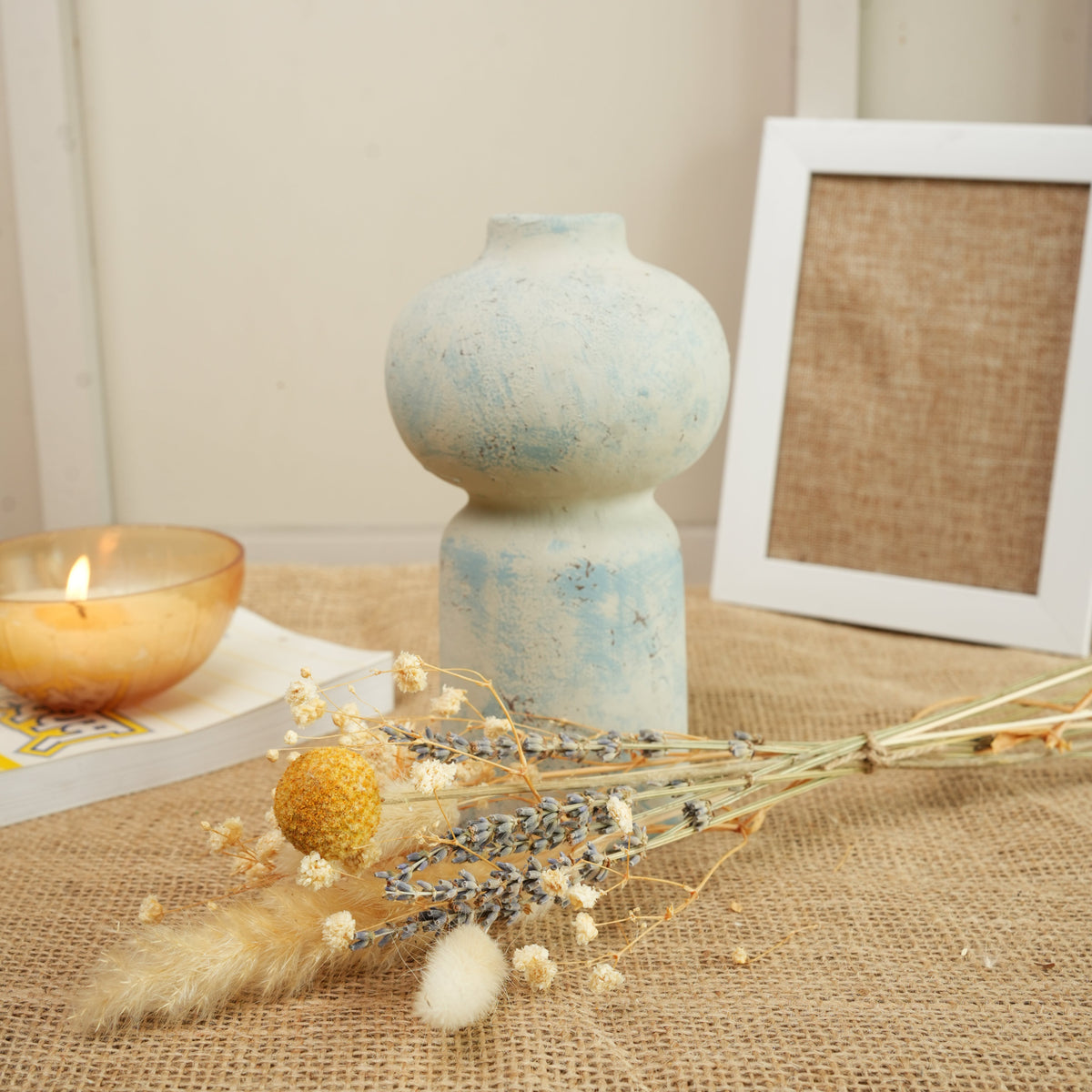 Coastal Bloom Blue & White Porcelain Vase with Dried Flowers | Home Décor - https://artecasa.in/