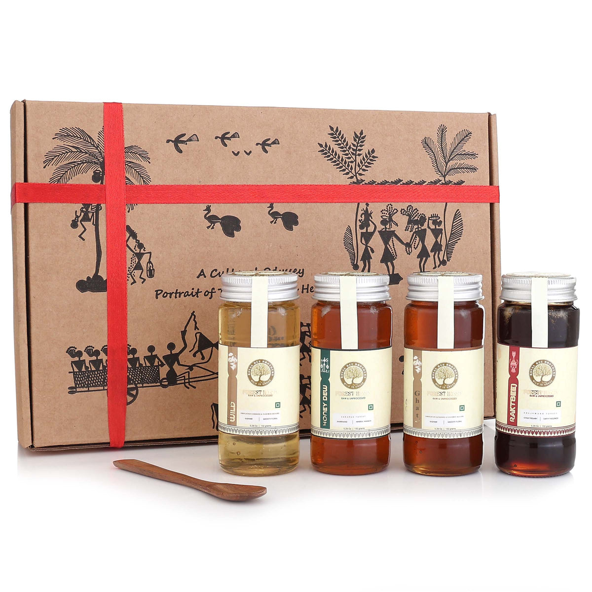 Four jars of honey with a decorative box featuring tribal designs on a white background