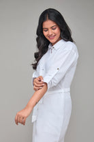 White Three Quarter Sleeves Hemp Shirt Dress