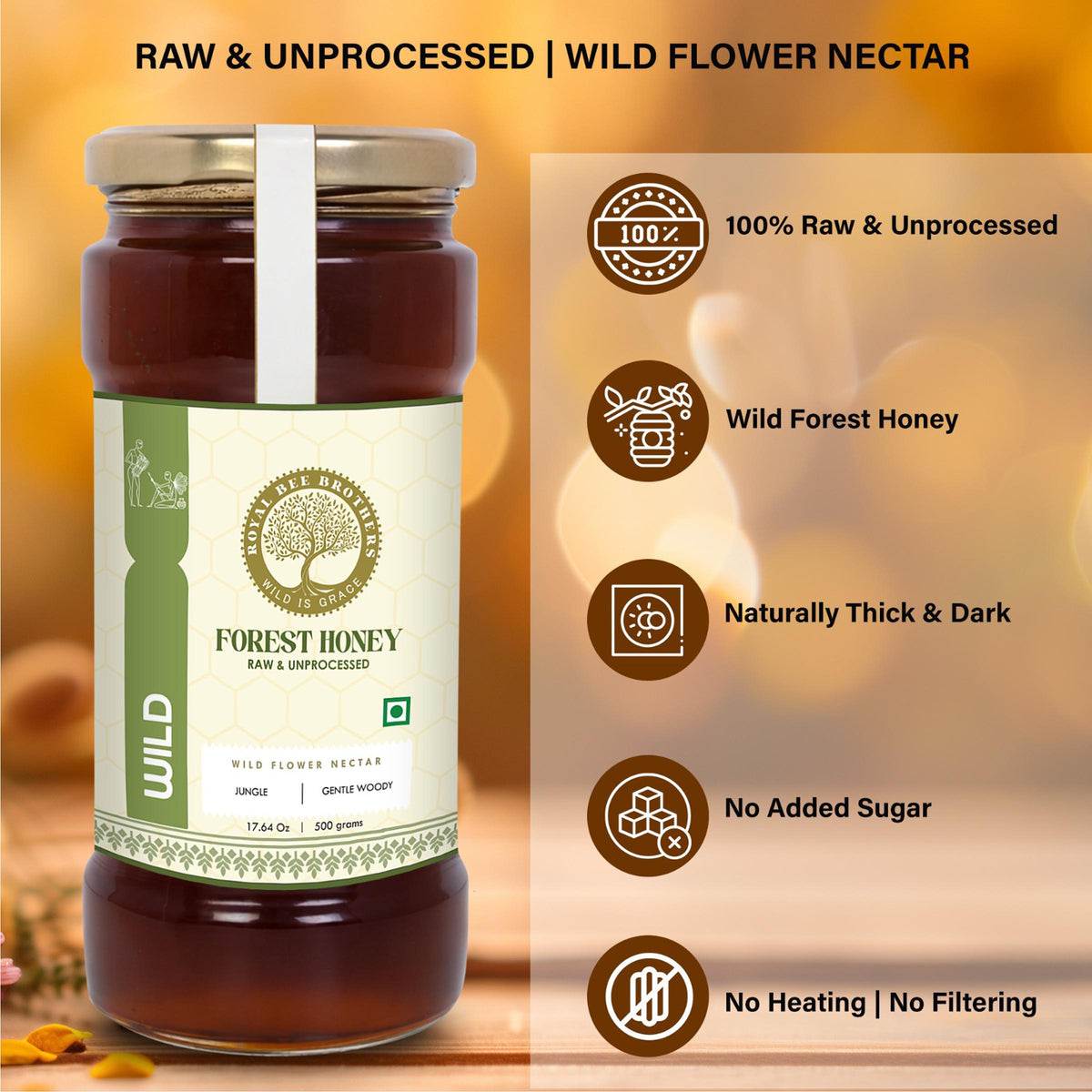 Jar of Forest Honey with label and product features on a blurred honeycomb background