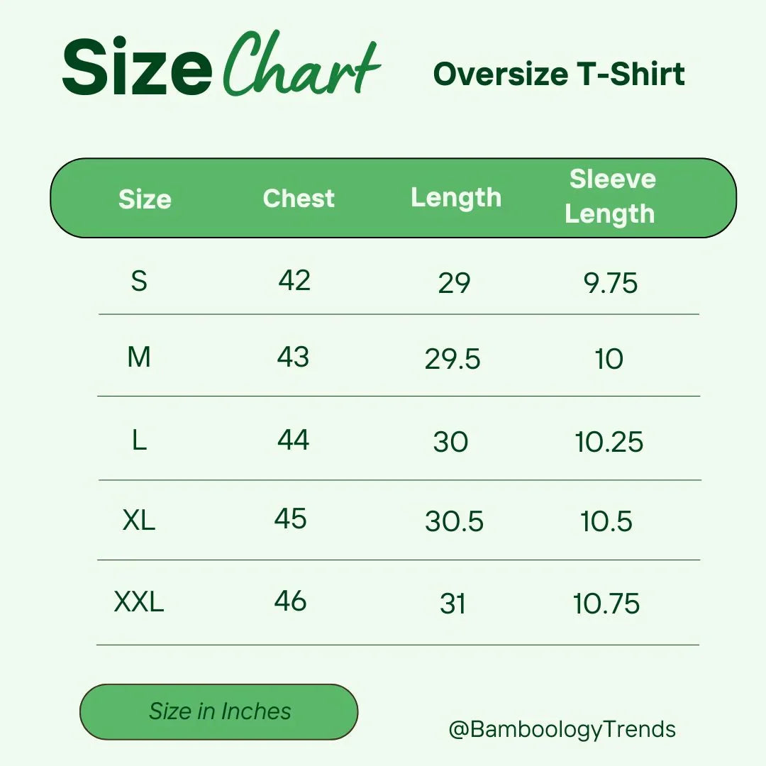 Size chart for oversized bamboo t-shirt showing measurements for S, M, L, XL, and XXL sizes in inches.