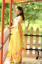 Yellow viral  tissue saree with floral embroidery orange and pink