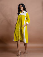 Eco-friendly off white and yellow cotton dress with 3/4th sleeves