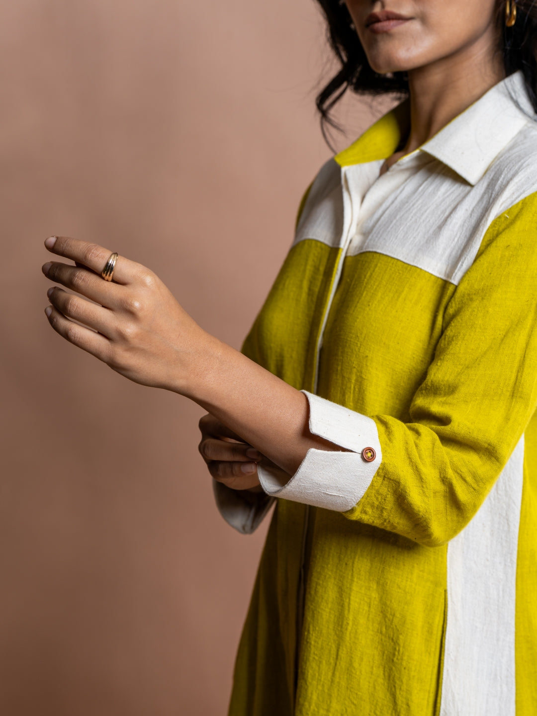 Handwoven kala cotton long shirt dress for women in off-white and yellow 