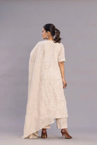 Back View of Beige Linen Embroidered Kurta Set with Dupatta