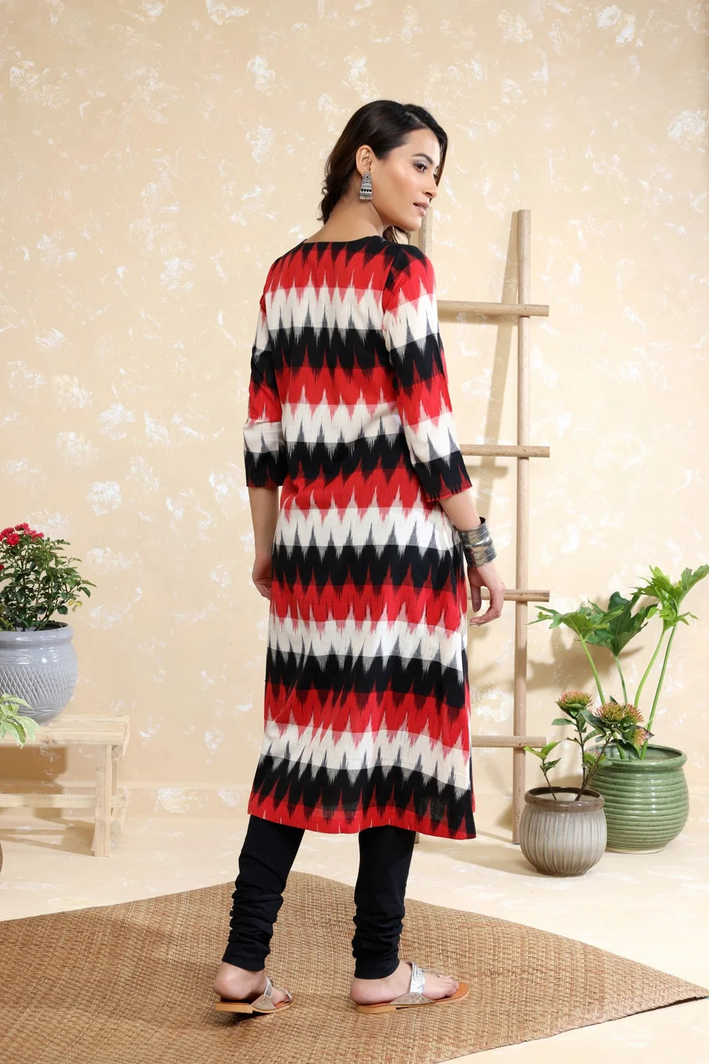 Back View of Black Multi Colour Handwoven Pure Cotton Ikkat Kurta Set