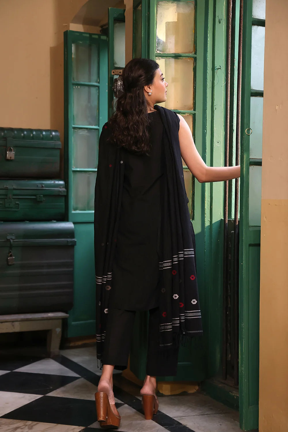 Back View of Black Pure Cotton Kurta Set with Jamdani Dupatta