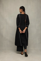 Back View of Black Relaxed Kurta Set with White Piping and Jamdani Dupatta