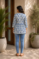 Back View of Blue Pure Cotton Flower Block Print Flared Top