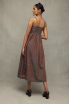 Back View of Brown Duo Tone Jamdani Hand Woven Midi Dress