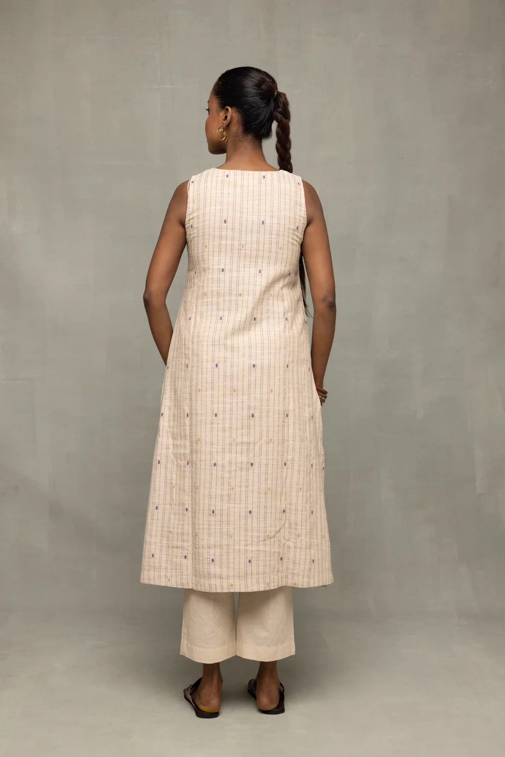 Back View of Cream and Mauve South Cotton Zari Kurta Set with Dupatta