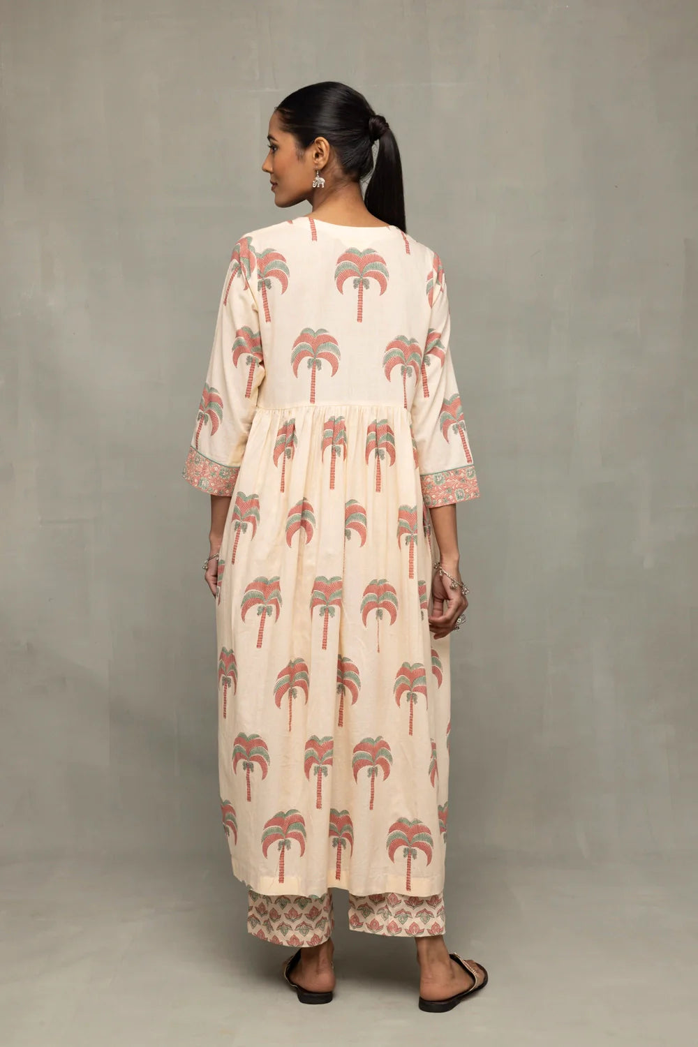 Back View of Cream and Pink Hand Block Palm Printed Kurta Set with Dupatta