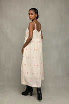 Back View of Cream and Red Dheki Pure Cotton Jamdani Dress