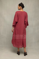 Back View of Crimson Checkered Jamdani Kaftan Dress