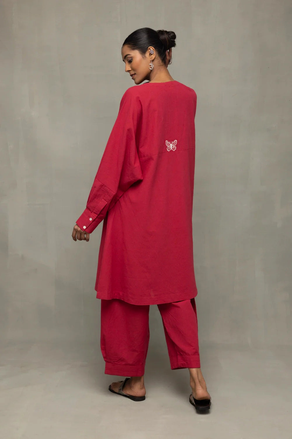Back View of Crimson Red Kala Cotton Oversized Co-ord Set