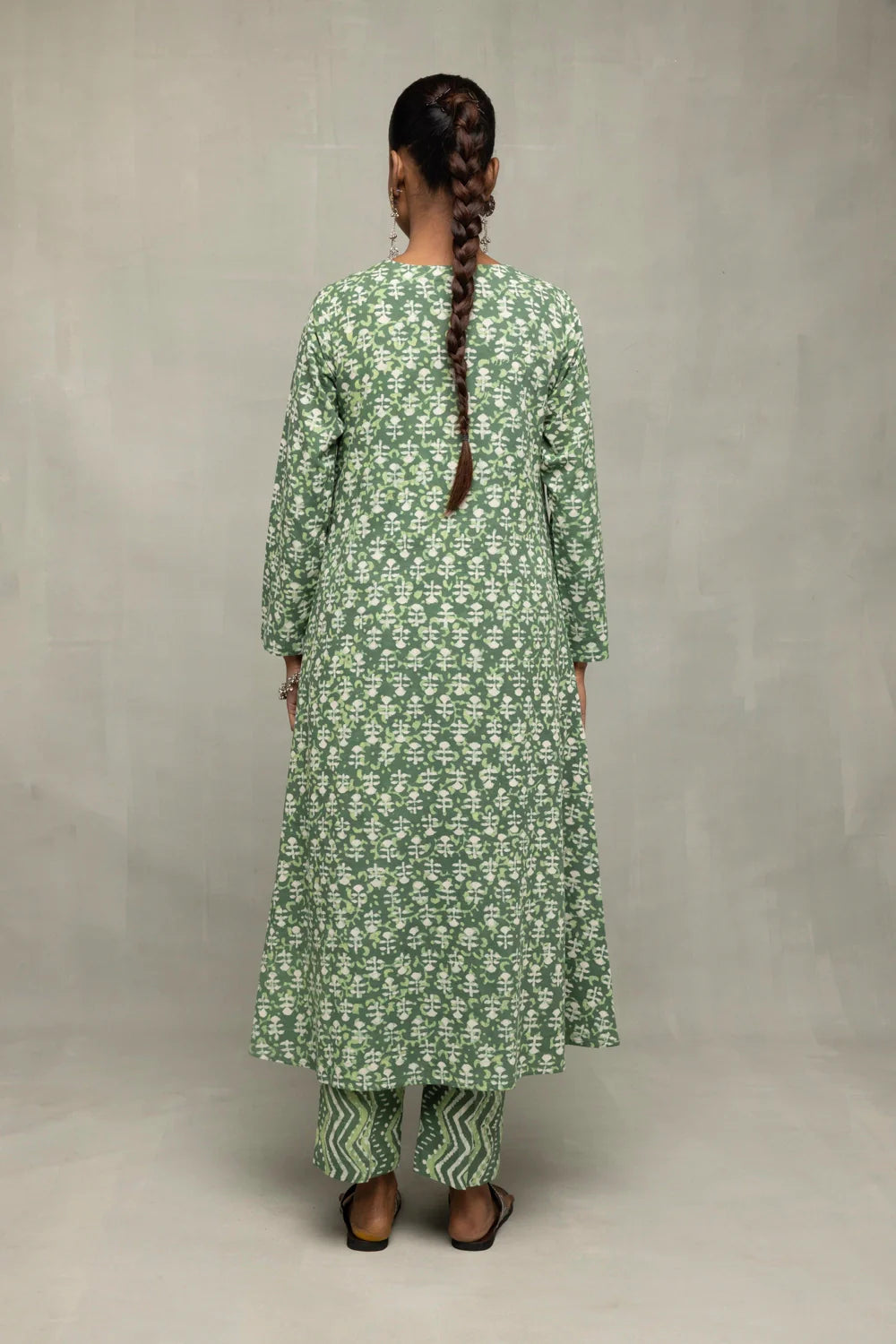 Back View of Green Pure Cotton Floral Block Print Kurta Set