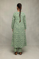Back View of Green Pure Cotton Floral Block Print Kurta Set