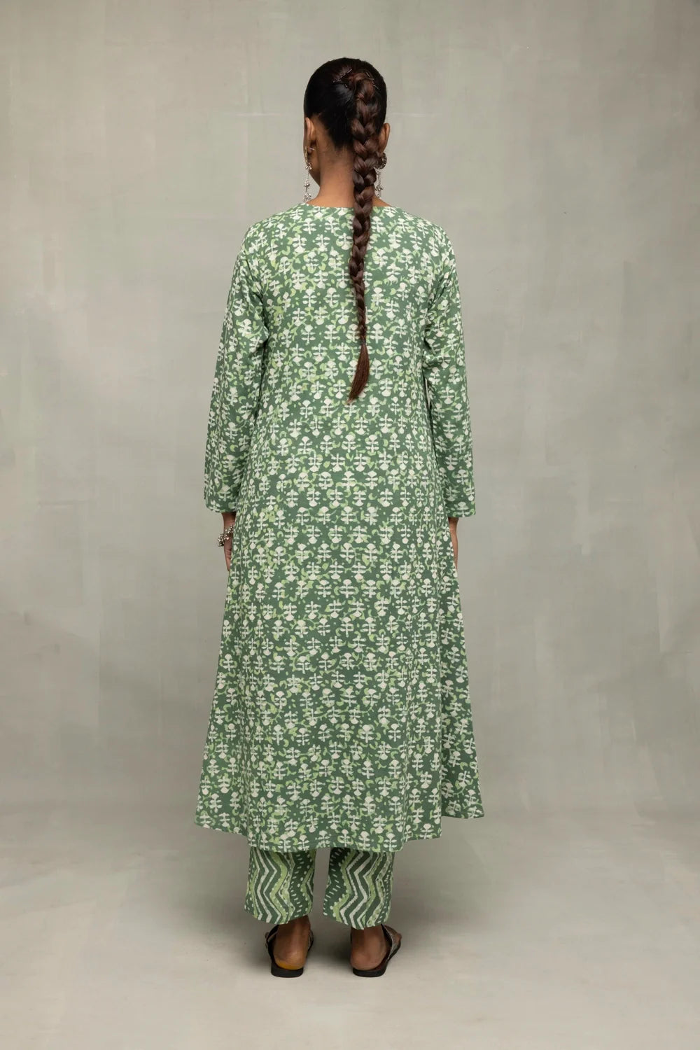 Back View of Green Pure Cotton Floral Block Print Kurta Set