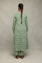 Back View of Green Pure Cotton Floral Block Print Kurta Set