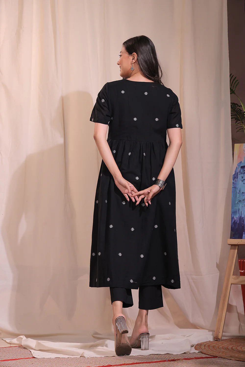 Back View of Handloom Black Pure Cotton Jamdani Flared Kurta Set