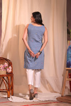 Back View of Handloom Blue Pure Cotton Mushroom Jamdani Kurta Set