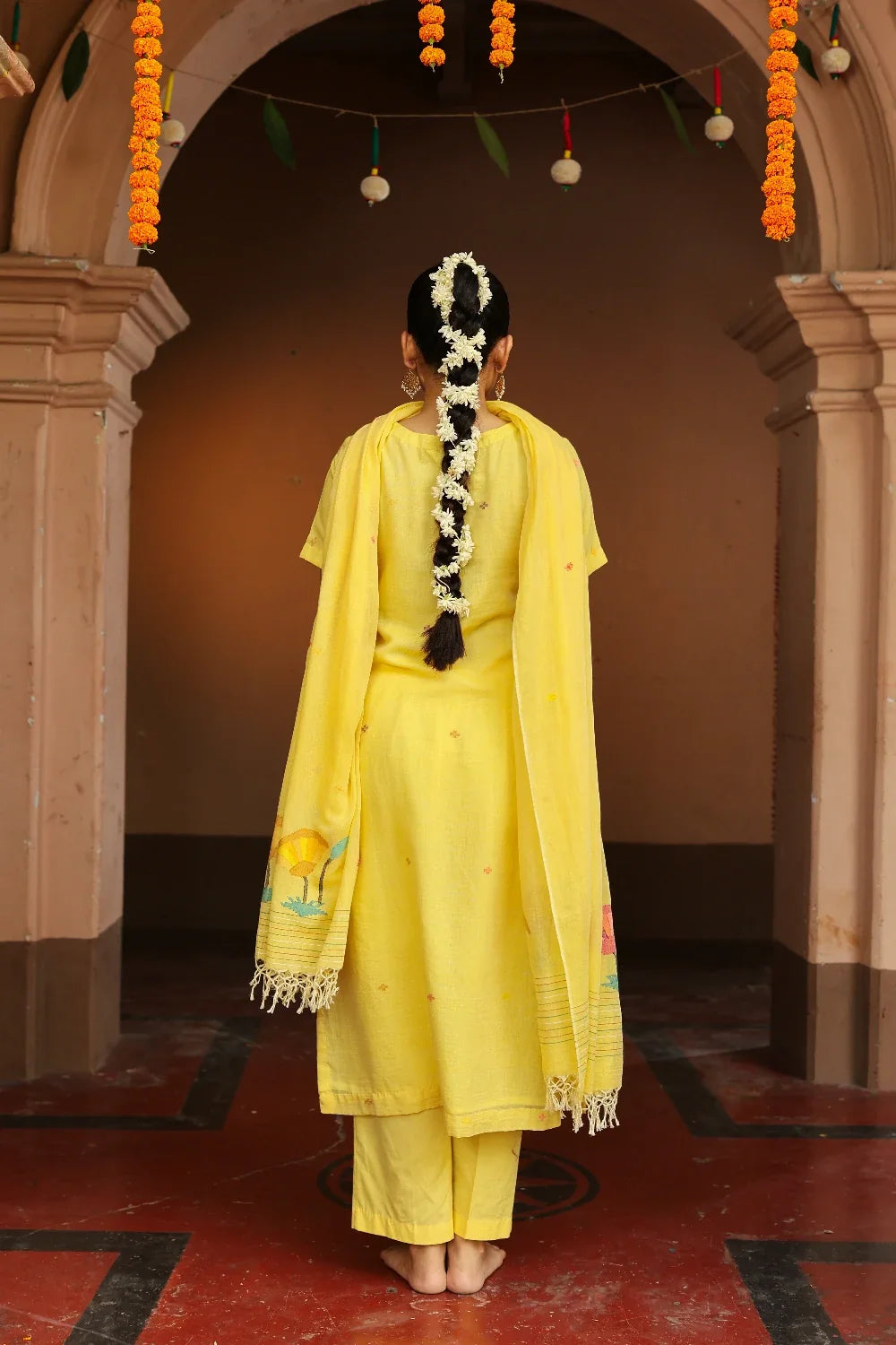 Back View of Handloom Yellow Pure Cotton Jamdani Kurta Set with Dupatta