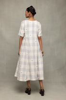 Back View of Ivory and Blue Checkered Jamdani Dress