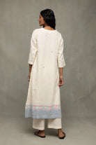 Back View of Ivory Jamdani Kurta Set with Stripes Dupatta