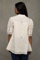 Back View of Ivory Pleated Jamdani Puff Sleeve Shirt Top